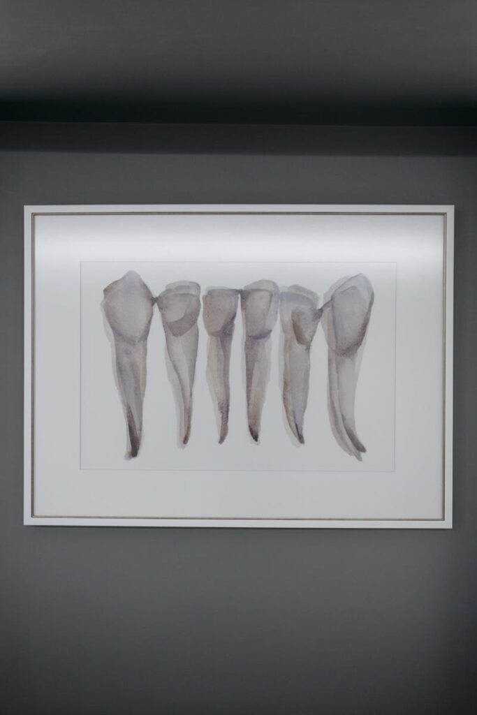 Framed artistic representation of teeth, displayed on a gray wall.